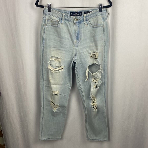 Hollister Ultra High Rise Mom Jeans Light Wash Distressed - Size 7R - 28 - Picture 2 of 10